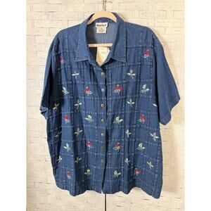 Marisol women’s blouse, denim button up embroidered floral vintage plus size￼
